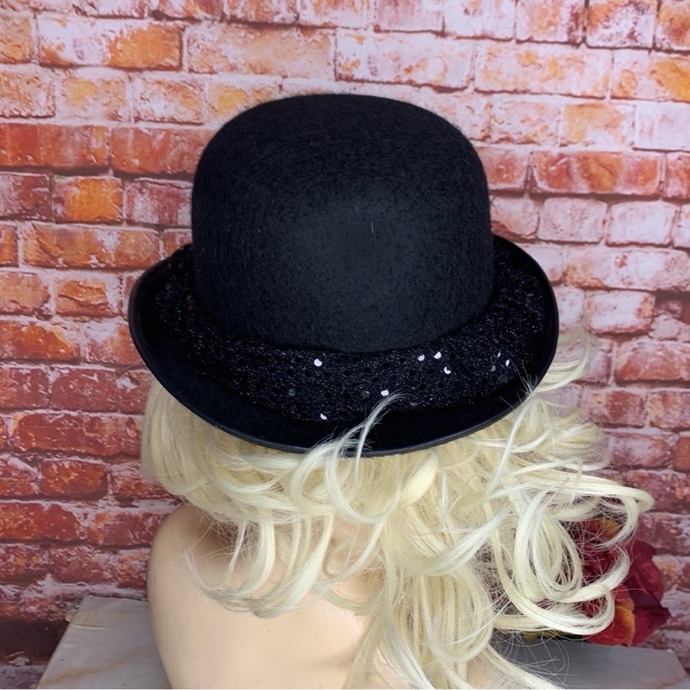 Black Felt Feather and Rhinestone Glam Costume Bowler Hat - Picture 9 of 10
